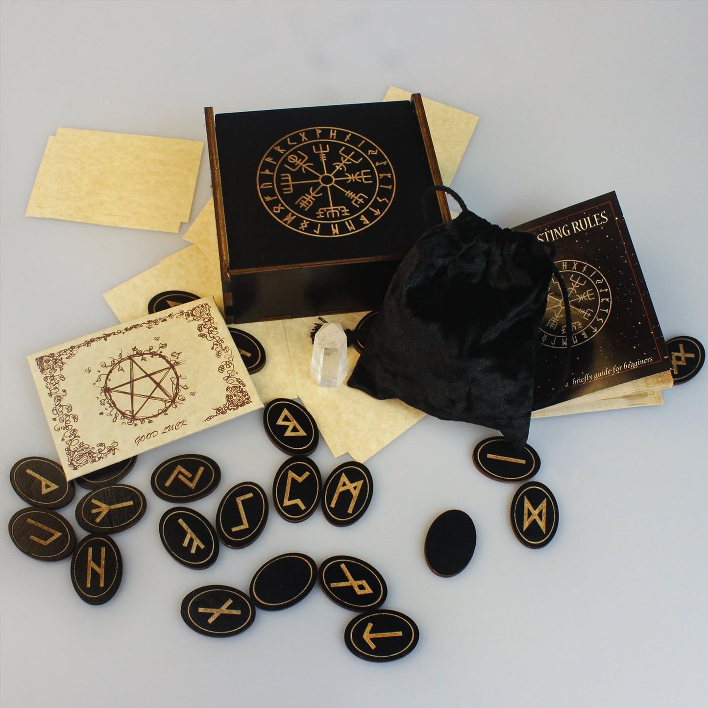 Runes, Wooden Runes Set, Witch Runes Set with Guide Book, Healing Crystals, Runes, Ritual Paper, Tarot Bag, Runes for Beginners, Witchcraft/Divination/Meditation/Spiritual