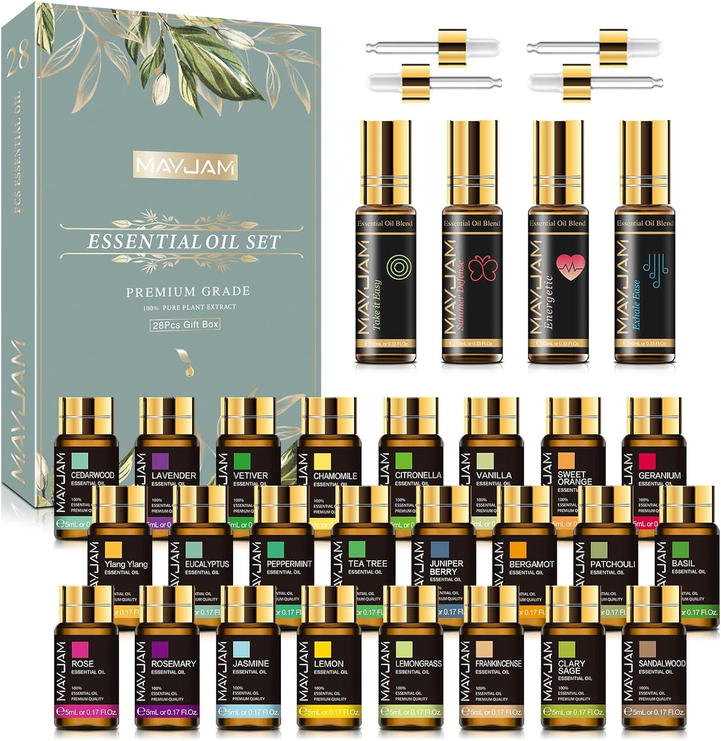 Top 28 Essential Oil Set for Diffuser Massage, 24X5Ml Essential Oil Singles, 4X10Ml Essential Oil Blends for Home Office Yoga