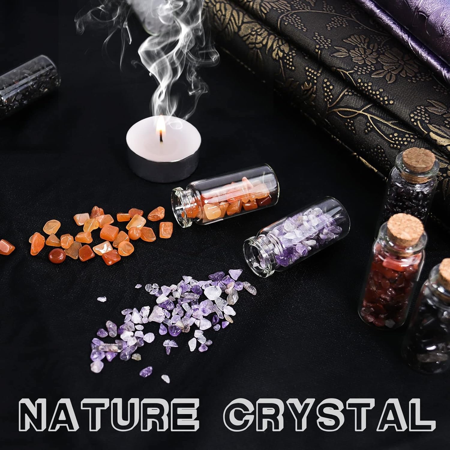 Witchcraft Supplies, a Set of 25 Different Gemstones Crystals in Glass Bottles, Crystal Chip Natural Reiki Healing Stones, Random Stuff Witch Crystals for Meditation Therapy and Witchy Decor