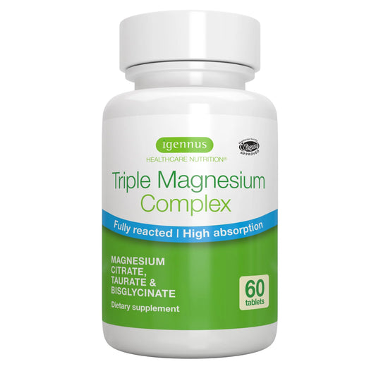 Advanced Triple Magnesium Complex, Taurate, Glycinate & Citrate, High Bioavailability & Absorption, Calming, 60 Tablets, Vegan, Non-Buffered, Pure & Oxide-Free, by Igennus