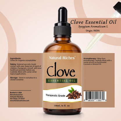 Pure Clove Essential Oil 4 Fl Oz, Therapeutic Grade for Tooth Ache Soothes Sore Muscles Clove Bud Oil Essential Oil for Teeth, Gums, Toothache, Skin Use and Hair Care.