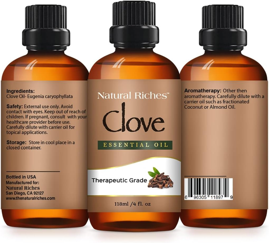 Pure Clove Essential Oil 4 Fl Oz, Therapeutic Grade for Tooth Ache Soothes Sore Muscles Clove Bud Oil Essential Oil for Teeth, Gums, Toothache, Skin Use and Hair Care.