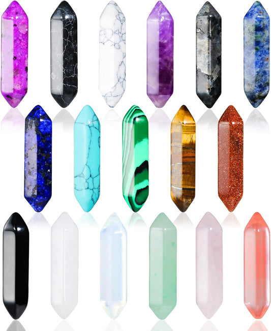 17Pcs Healing Crystals Stones Sets, Hexagonal Bullet Shaped Reiki Meditation Gemstone Chakra Stones Tiger Eye Obsidian Quartz Crystals Gemstone Wand Set Pendants with Storage Box