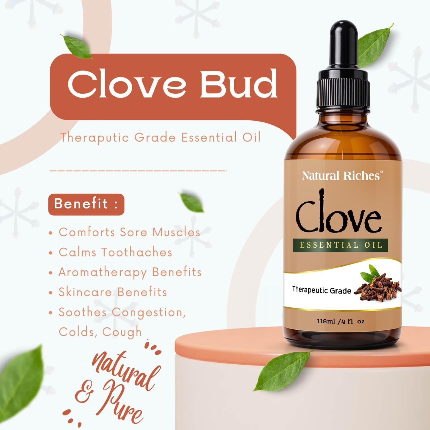 Pure Clove Essential Oil 4 Fl Oz, Therapeutic Grade for Tooth Ache Soothes Sore Muscles Clove Bud Oil Essential Oil for Teeth, Gums, Toothache, Skin Use and Hair Care.